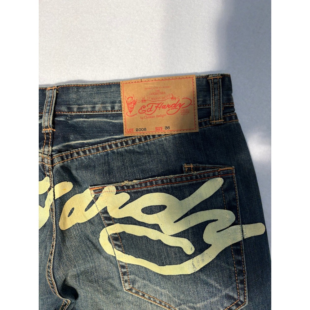 Ed Hardy Mens Distressed Straight Leg Jeans Tattoo Embroidery Dark Wash 36x34 - Picture 9 of 12